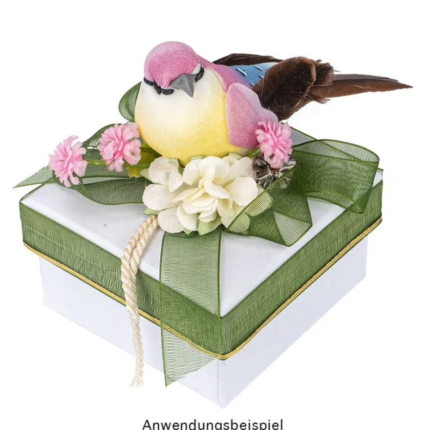 Deko-Federvögel, Sortierung 1, 3,3cm x 8cm x 3,2cm, je 2x gelb, rosa, dunkelgrün, 6 Stück