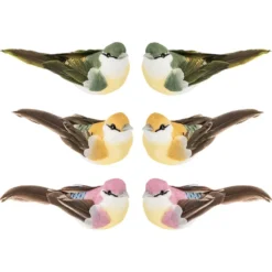 Deko-Federvögel, Sortierung 1, 3,3cm x 8cm x 3,2cm, je 2x gelb, rosa, dunkelgrün, 6 Stück