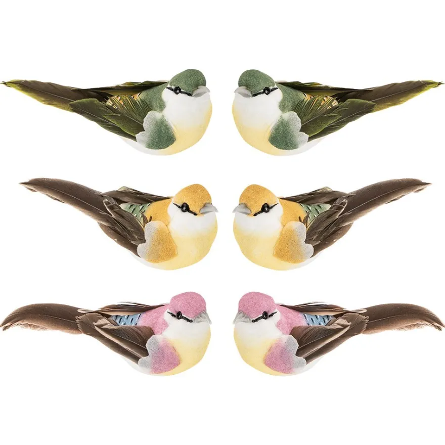 Deko-Federvögel, Sortierung 1, 3,3cm x 8cm x 3,2cm, je 2x gelb, rosa, dunkelgrün, 6 Stück