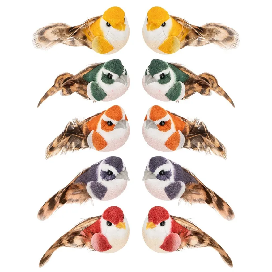 Deko-Federvögel, Sortierung 4, 2,2cm x 5cm x 2,5cm, 5 Farben, 10 Stück