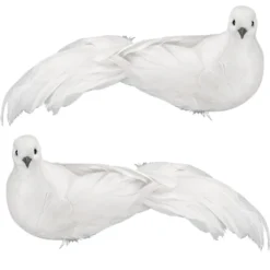 Deko-Federvögel, Taubenpaar 1, 7,4cm x 28cm x 9,6cm, weiß, 2 Stück