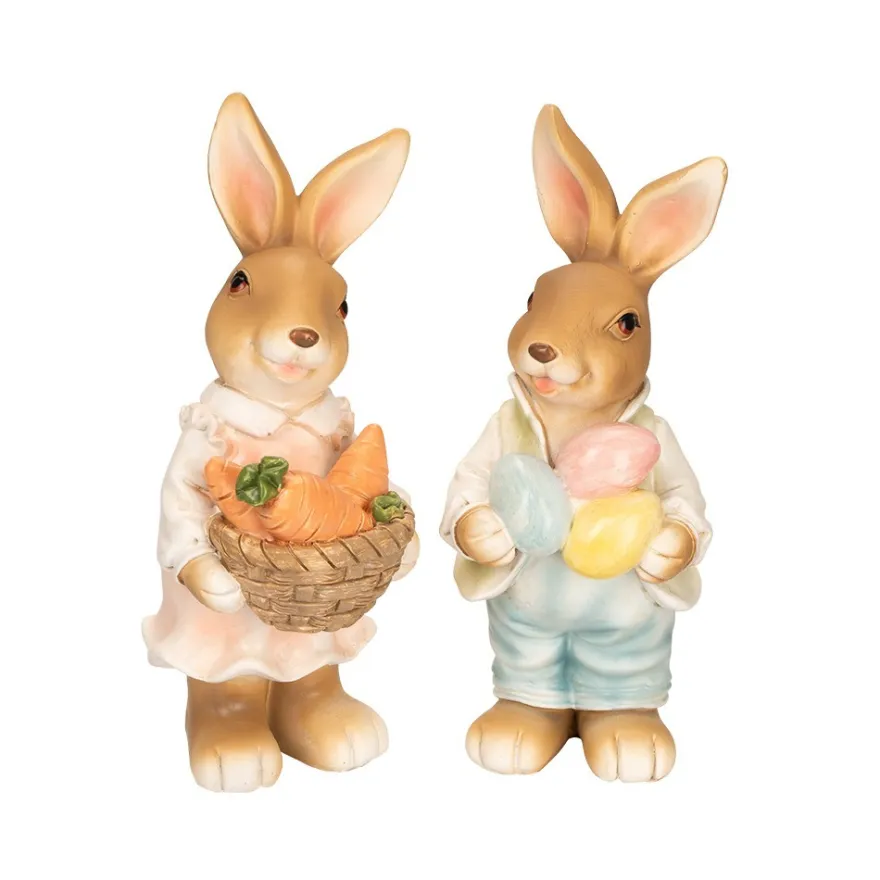 Deko-Figuren, Hasenpaar mit Möhren & Ostereiern 1, Mädchen: 14cm hoch, Junge: 13,6cm hoch, 2 Stück