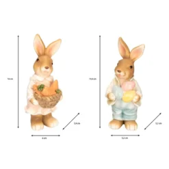 Deko-Figuren, Hasenpaar mit Möhren & Ostereiern 1, Mädchen: 14cm hoch, Junge: 13,6cm hoch, 2 Stück