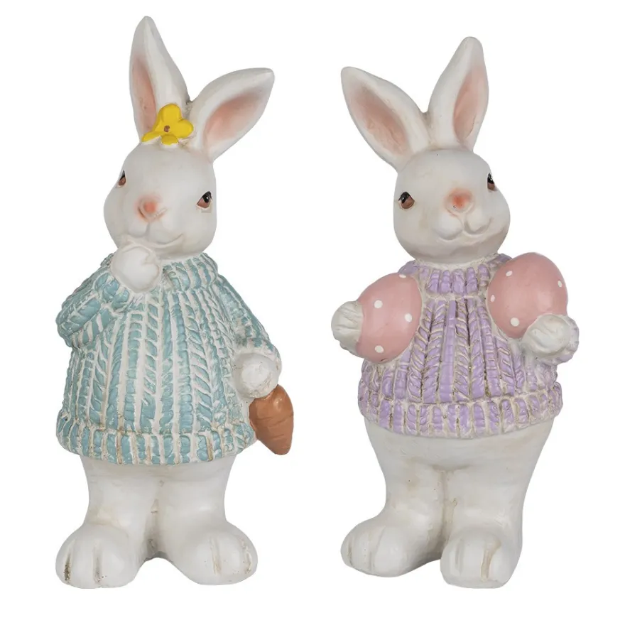 Deko-Figuren, Hasenpaar mit Möhre & Ostereiern, 19cm hoch, 8,5cm breit, 2 Stück