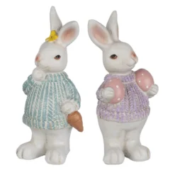 Deko-Figuren, Hasenpaar mit Möhre & Ostereiern, 19cm hoch, 8,5cm breit, 2 Stück