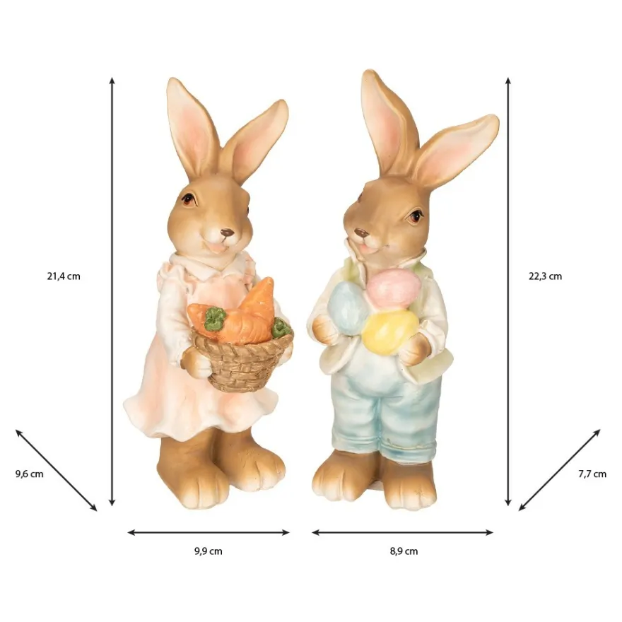 Deko-Figuren, Hasenpaar mit Möhren & Ostereiern 1, Mädchen: 21,4cm hoch, Junge: 22,3cm hoch, 2 Stück