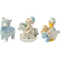 Deko-Figuren, zur Geburt, hellblau, Teddy & Schaukelpferd, Lama, Storch, 3 Stück