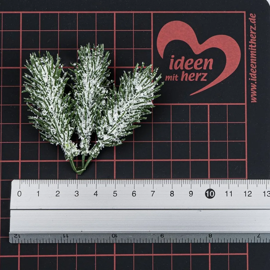 Deko-Floristik, Tannenzweige, 7cm, je 3 zusammenhängende Zweige, grün, beschneit, 15 Stück