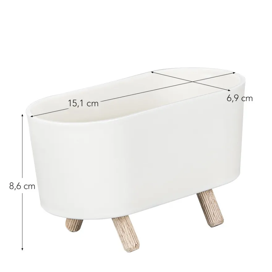 Deko-Gefäß mit Holzfüßen, 8,6cm x 15,1cm x 6,9cm, Rohling, weiß