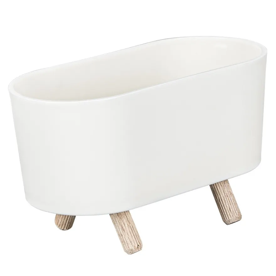 Deko-Gefäß mit Holzfüßen, 8,6cm x 15,1cm x 6,9cm, Rohling, weiß