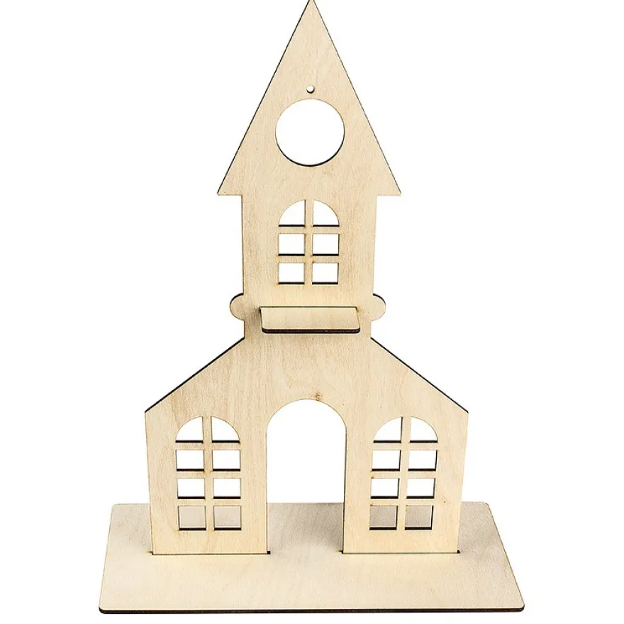 Deko-Kirche aus Holz zum Aufstellen, 38cm x 21,2cm, mit kreisförmiger Aussparung und Podest