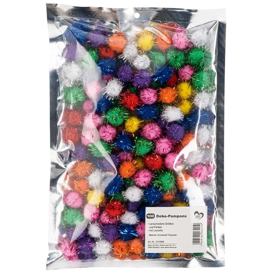 Deko-Pompons, verschiedene Größen & Farben, mit Lametta, 100 Stück