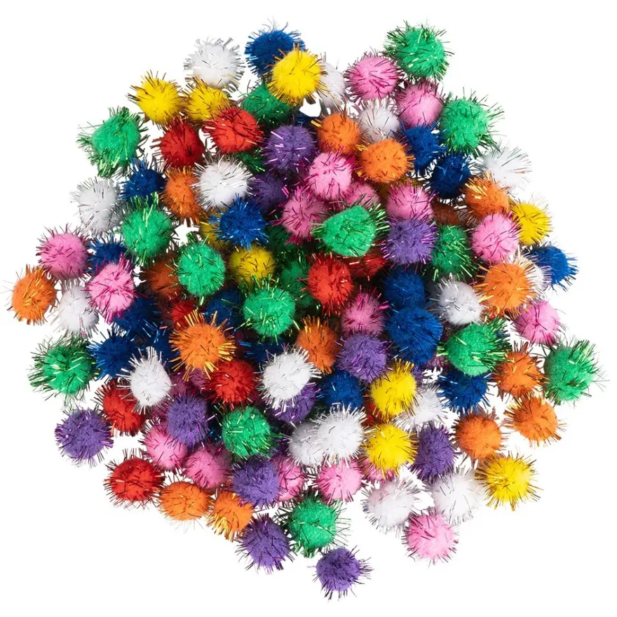 Deko-Pompons, verschiedene Größen & Farben, mit Lametta, 100 Stück