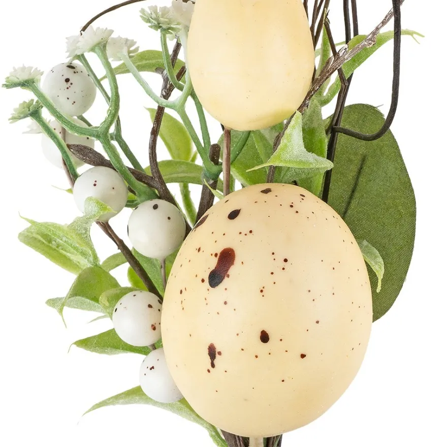 Deko-Strauß Osterzeit, 22cm lang, mit vanillegelben Eiern, weißen Beeren und Blüten