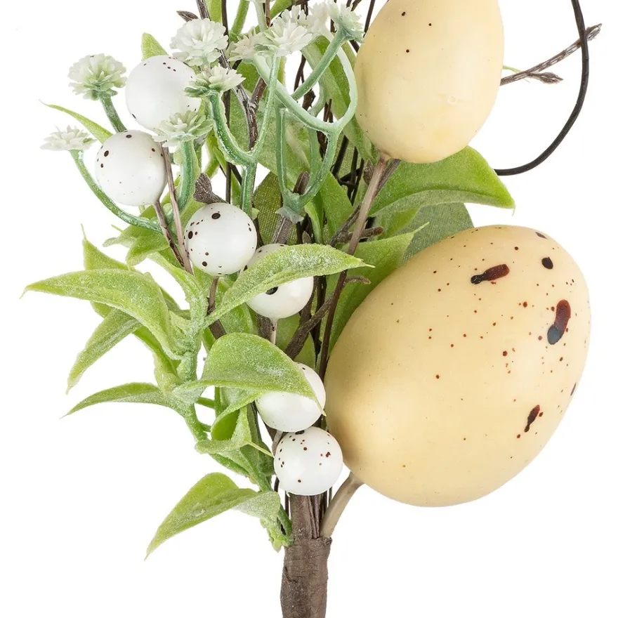 Deko-Strauß Osterzeit, 22cm lang, mit vanillegelben Eiern, weißen Beeren und Blüten
