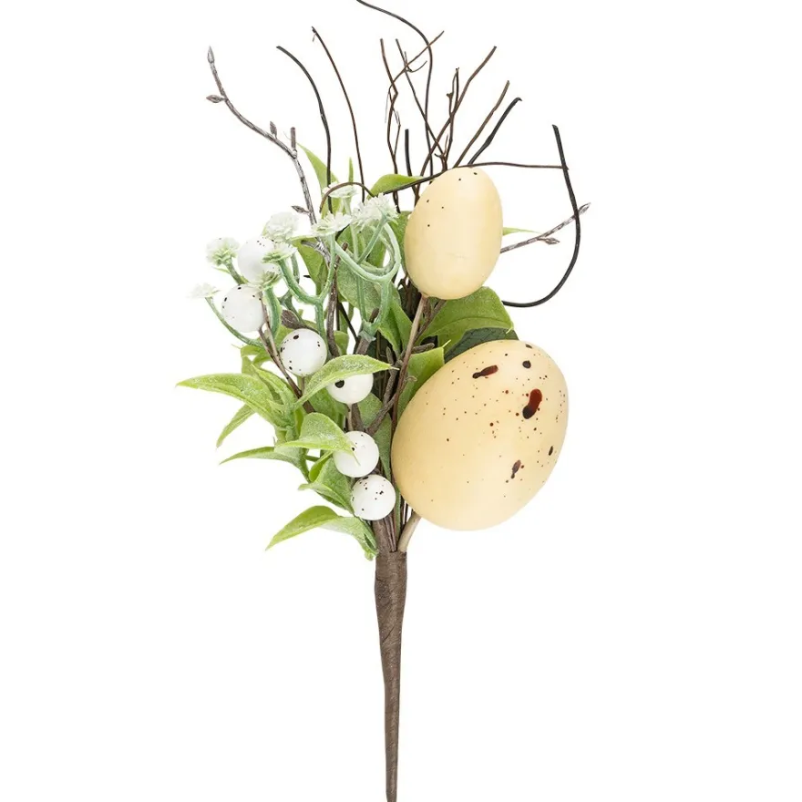 Deko-Strauß Osterzeit, 22cm lang, mit vanillegelben Eiern, weißen Beeren und Blüten
