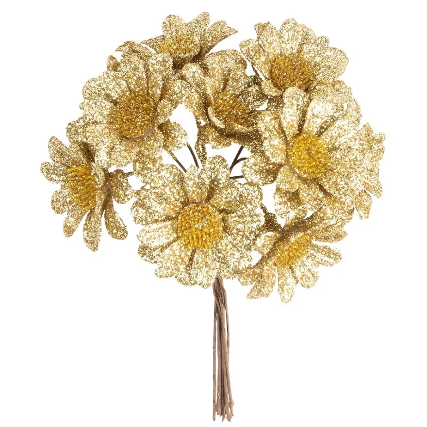 Deko-Zweige, Blüte 2, 10cm lang, am Draht, goldener Glimmer, 10 Stück