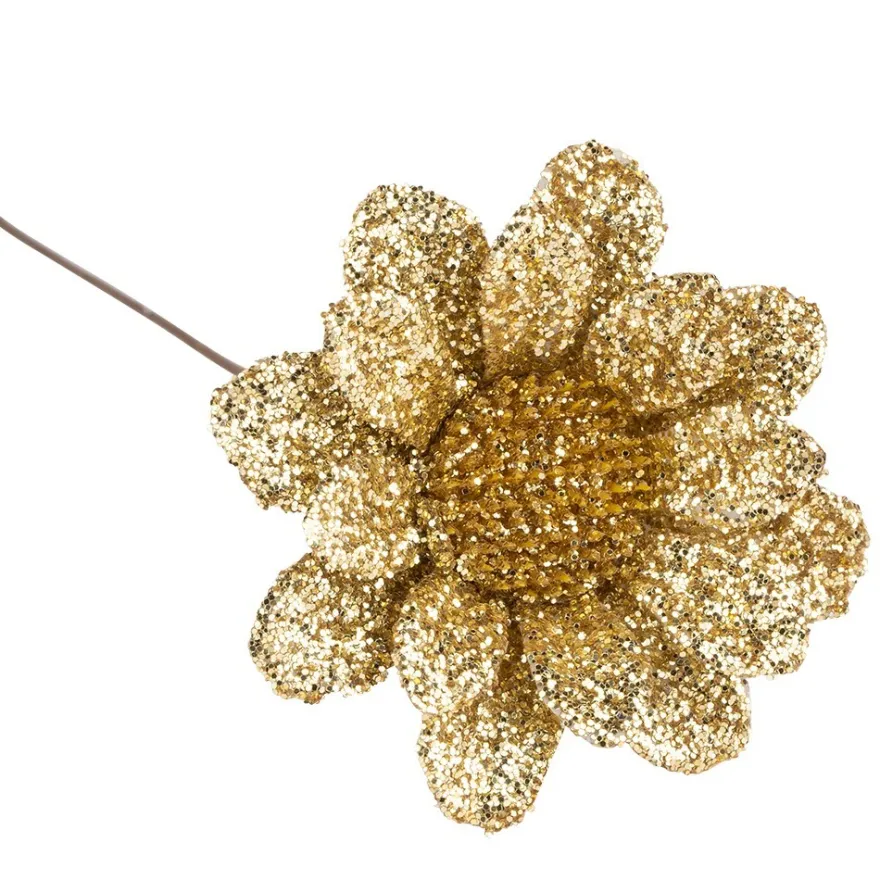 Deko-Zweige, Blüte 2, 10cm lang, am Draht, goldener Glimmer, 10 Stück