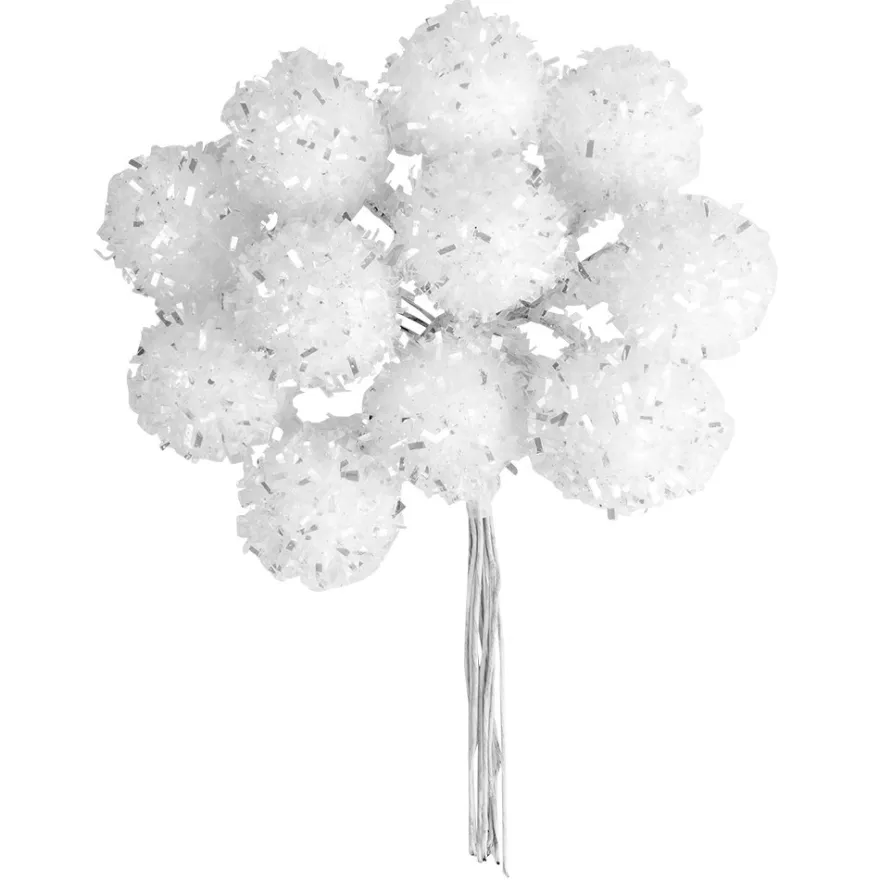 Deko-Zweige, Schneebälle 3, 11cm lang, am Draht, weißer Glimmer, 12 Stück