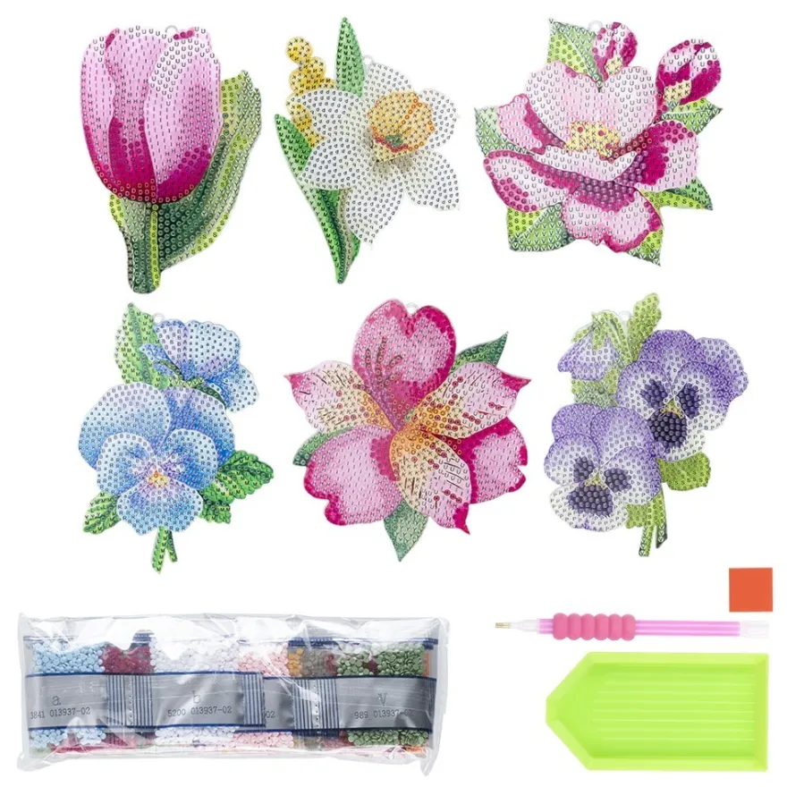 Diamond-Painting-Anhänger, Blumen, 6 Designs, 1,7mm stark, doppelseitig, mit Zubehör, 6 Stück