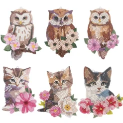 Diamond-Painting-Anhänger, Eule & Katze, 6 Designs, 1,7mm stark, doppelseitig, mit Zubehör, 6 Stück