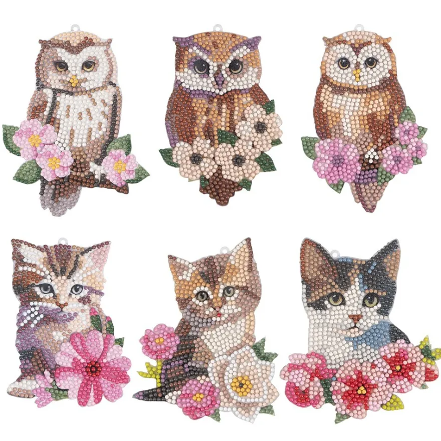 Diamond-Painting-Anhänger, Eule & Katze, 6 Designs, 1,7mm stark, doppelseitig, mit Zubehör, 6 Stück