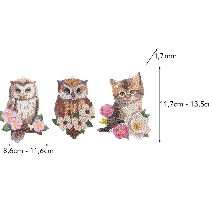Diamond-Painting-Anhänger, Eule & Katze, 6 Designs, 1,7mm stark, doppelseitig, mit Zubehör, 6 Stück