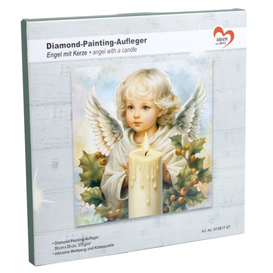 Diamond-Painting-Aufleger, Engel mit Kerze, 20cm x 20cm, 370g/m², inkl. Zubehör