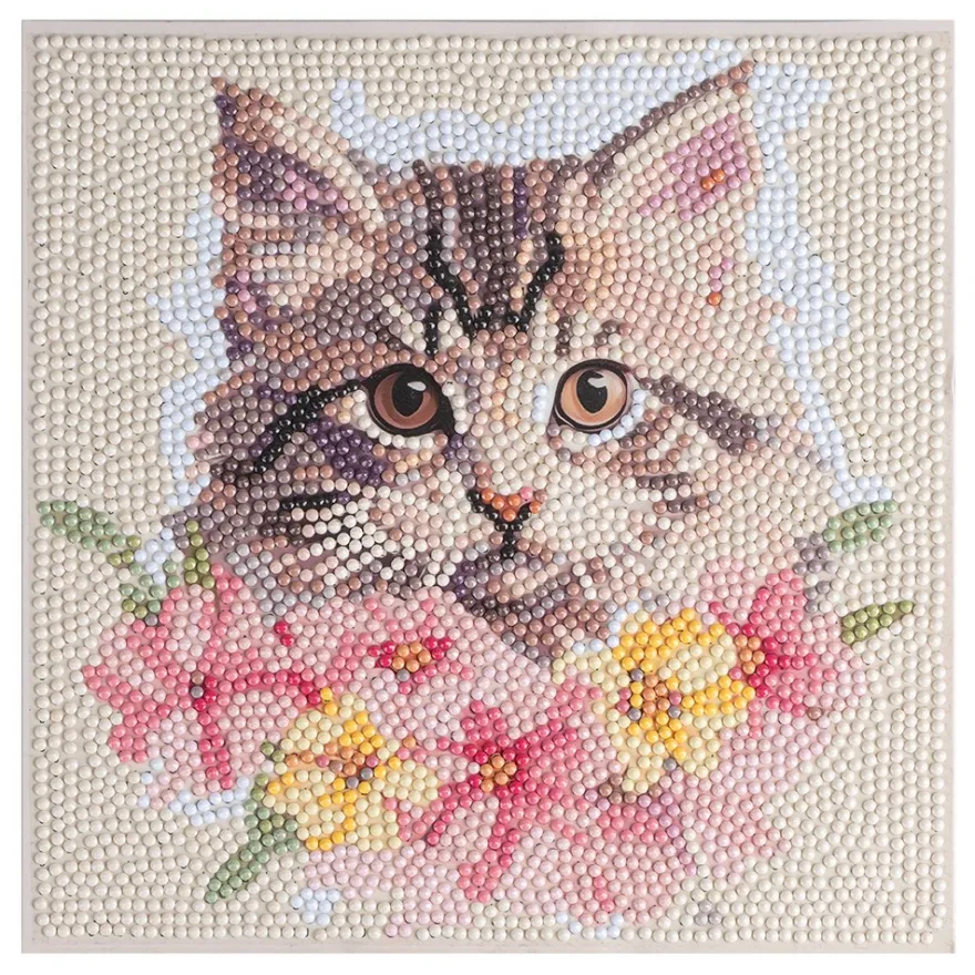 Diamond-Painting-Aufleger, Katze mit Blüten, 20cm x 20cm, 370g/m², inkl. Zubehör