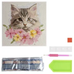 Diamond-Painting-Aufleger, Katze mit Blüten, 20cm x 20cm, 370g/m², inkl. Zubehör