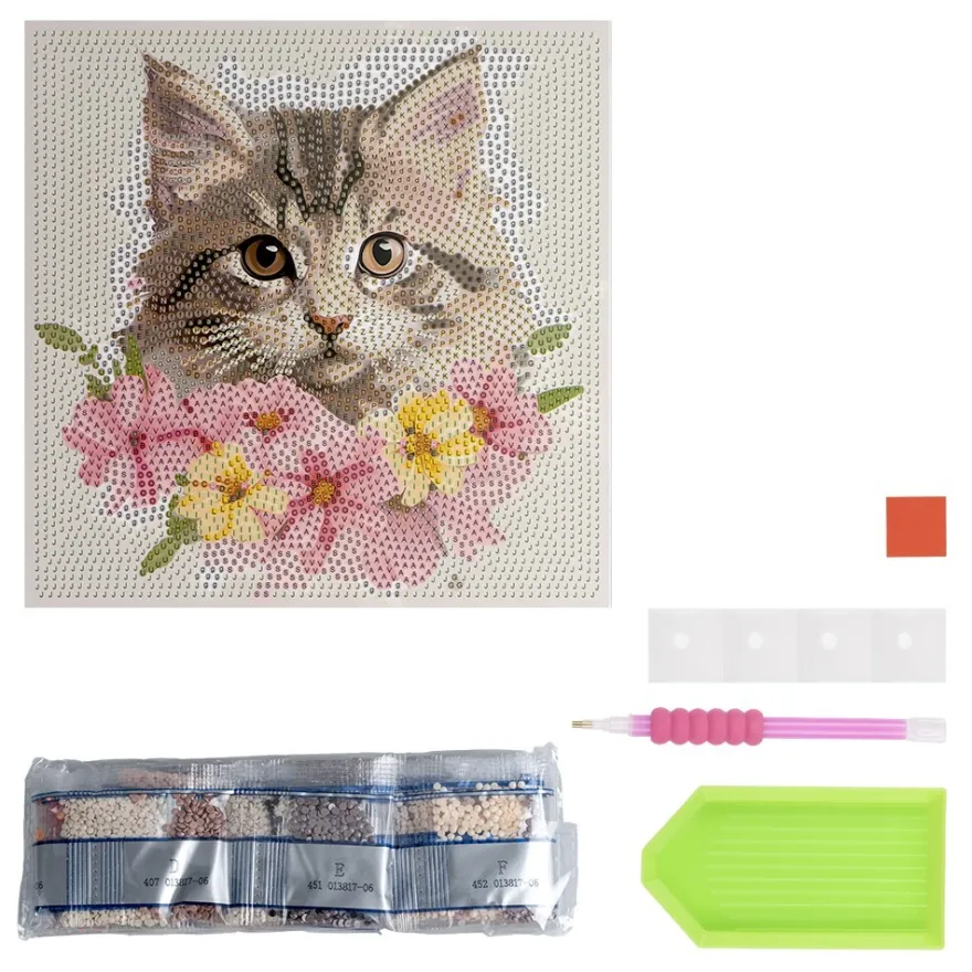 Diamond-Painting-Aufleger, Katze mit Blüten, 20cm x 20cm, 370g/m², inkl. Zubehör