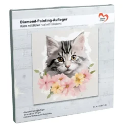 Diamond-Painting-Aufleger, Katze mit Blüten, 20cm x 20cm, 370g/m², inkl. Zubehör