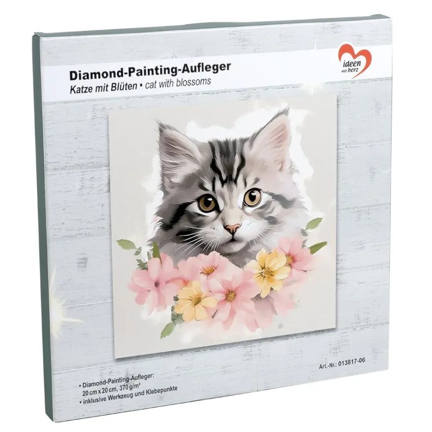 Diamond-Painting-Aufleger, Katze mit Blüten, 20cm x 20cm, 370g/m², inkl. Zubehör