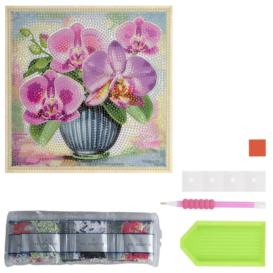 Diamond-Painting-Aufleger, Orchideen in Vase, 20cm x 20cm, 370g/m², inkl. Zubehör