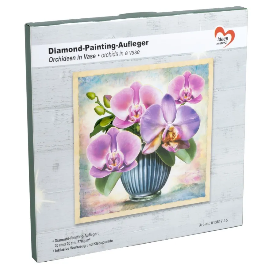 Diamond-Painting-Aufleger, Orchideen in Vase, 20cm x 20cm, 370g/m², inkl. Zubehör