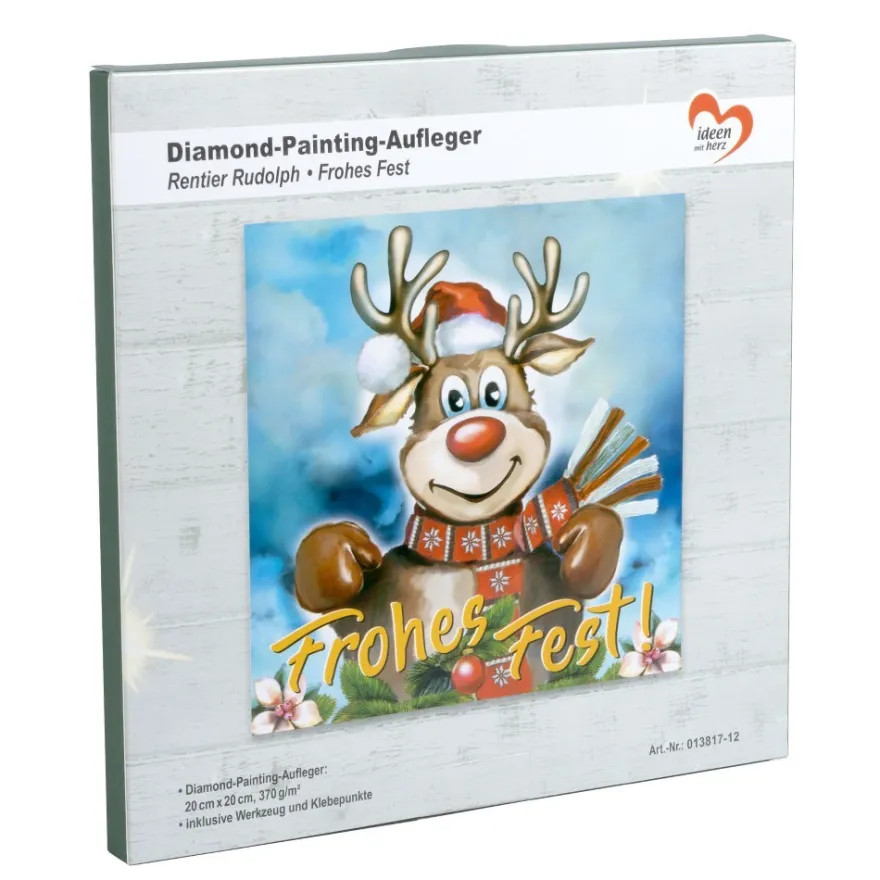 Diamond-Painting-Aufleger, Rentier Rudolph • Frohes Fest, 20cm x 20cm, 370g/m², inkl. Zubehör