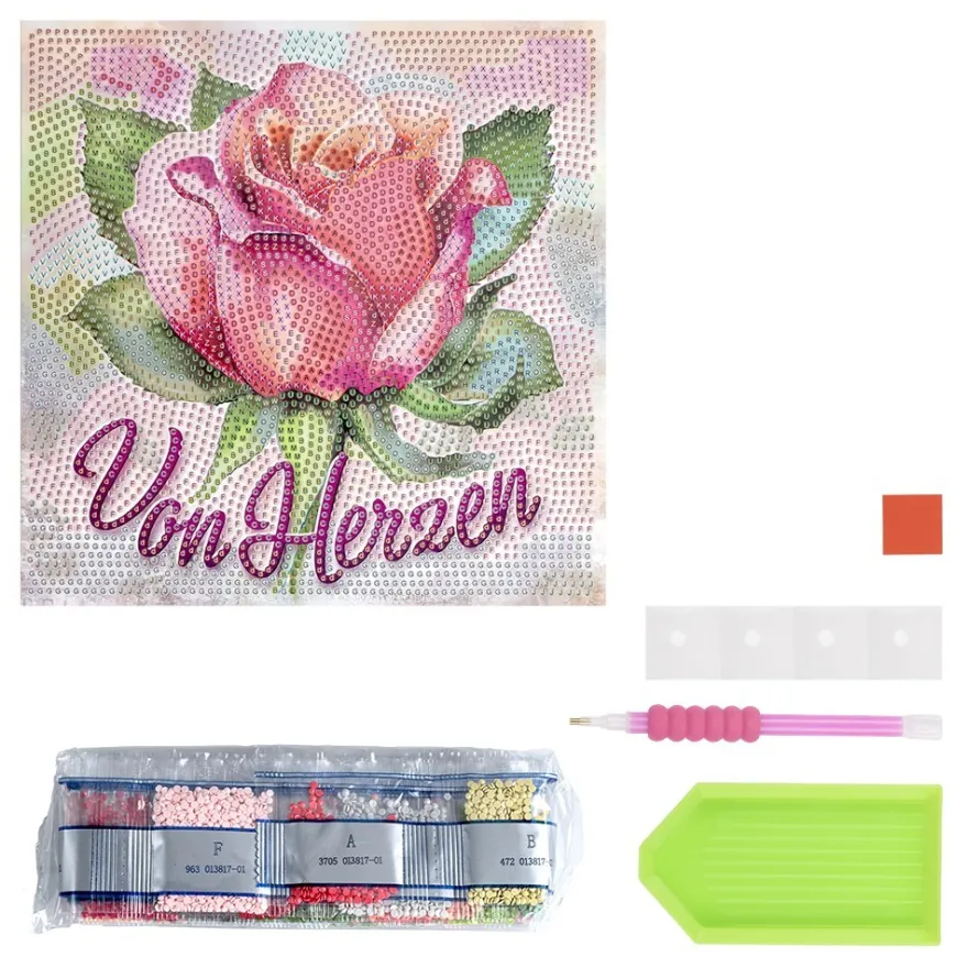 Diamond-Painting-Aufleger, Rose • Von Herzen, 20cm x 20cm, 370g/m², inkl. Zubehör