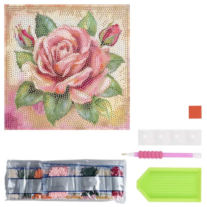 Diamond-Painting-Aufleger, Rose in Apricot, 20cm x 20cm, 370g/m², inkl. Zubehör