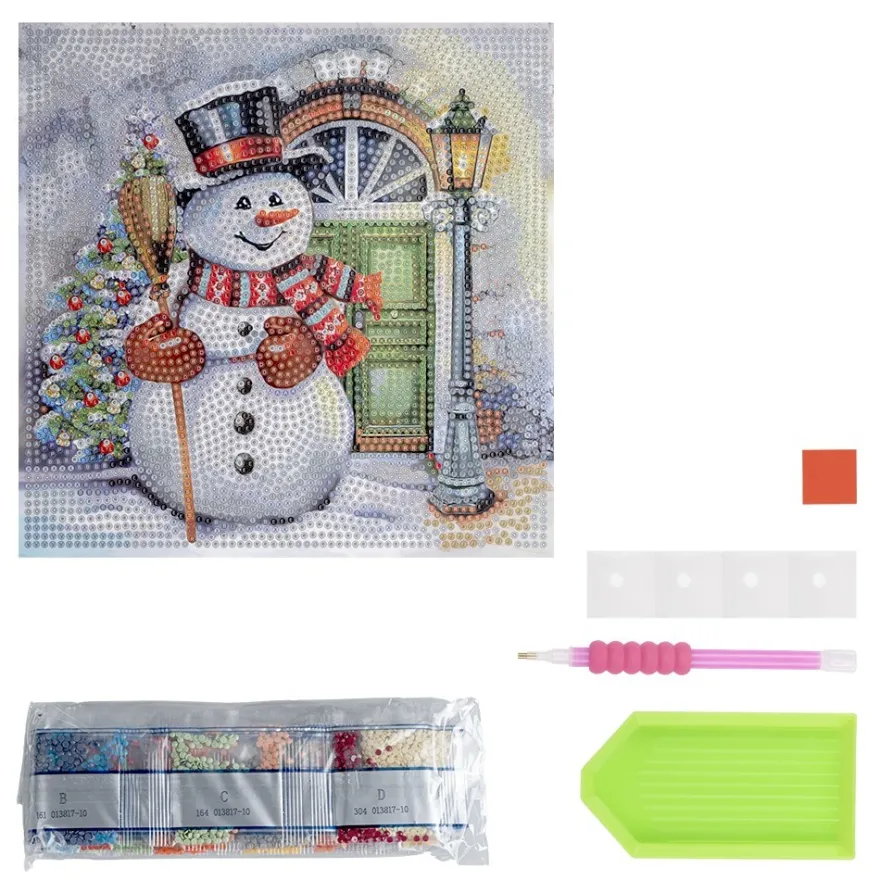 Diamond-Painting-Aufleger, Schneemann vor Haustür, 20cm x 20cm, 370g/m², inkl. Zubehör