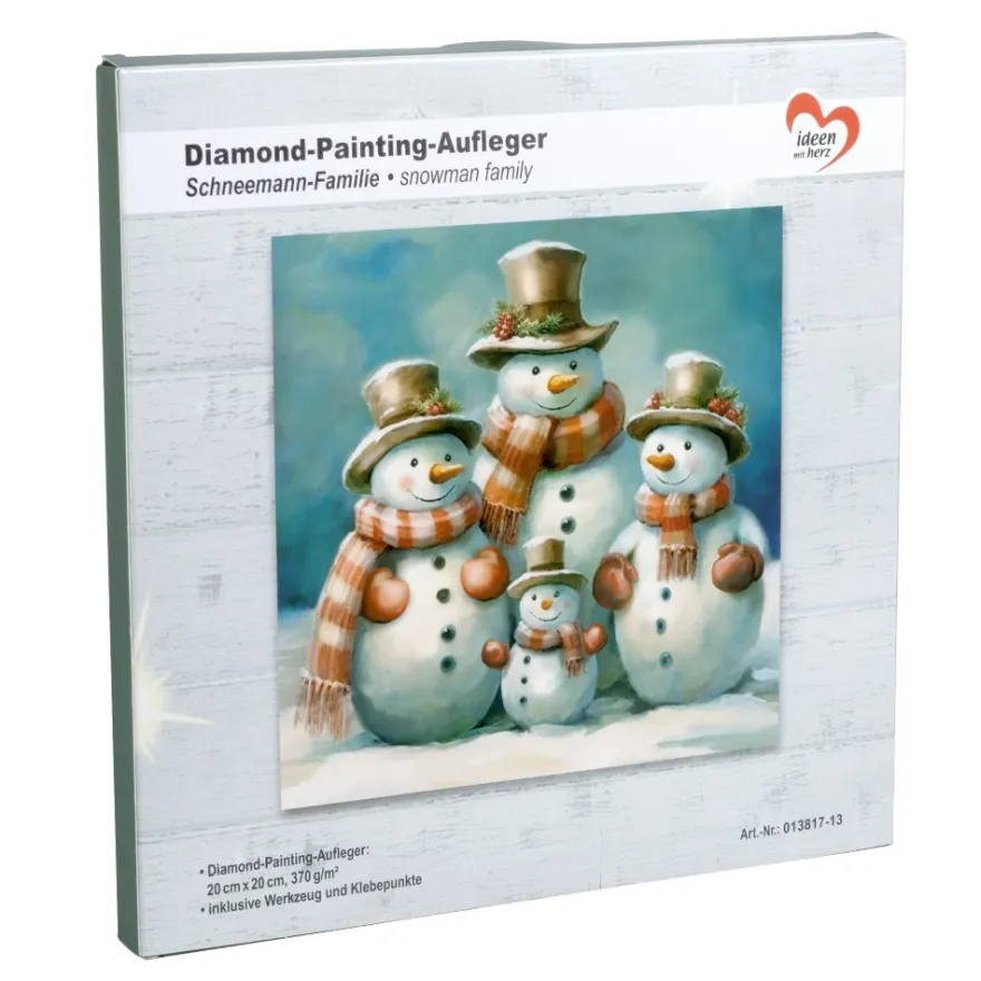 Diamond-Painting-Aufleger, Schneemann-Familie, 20cm x 20cm, 370g/m², inkl. Zubehör