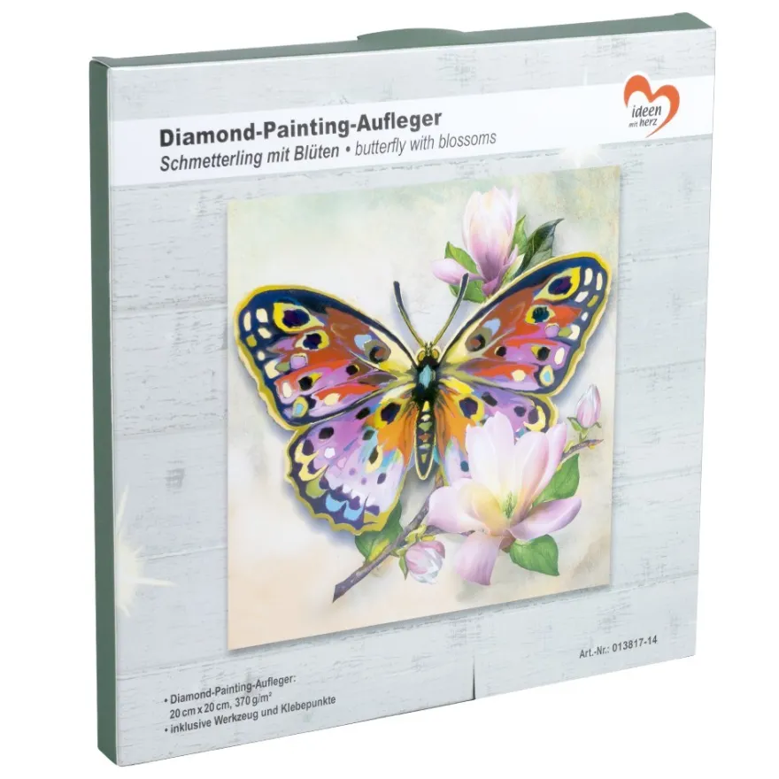Diamond-Painting-Aufleger, Schmetterling mit Blüten, 20cm x 20cm, 370g/m², inkl. Zubehör
