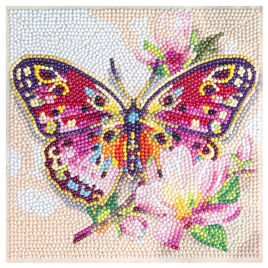 Diamond-Painting-Aufleger, Schmetterling mit Blüten, 20cm x 20cm, 370g/m², inkl. Zubehör