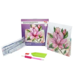 Diamond-Painting-Aufstellkarte, Magnolien in Pink, 16,3cm x 16cm, inkl. Zubehör