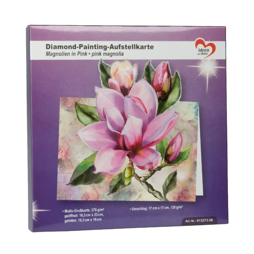 Diamond-Painting-Aufstellkarte, Magnolien in Pink, 16,3cm x 16cm, inkl. Zubehör