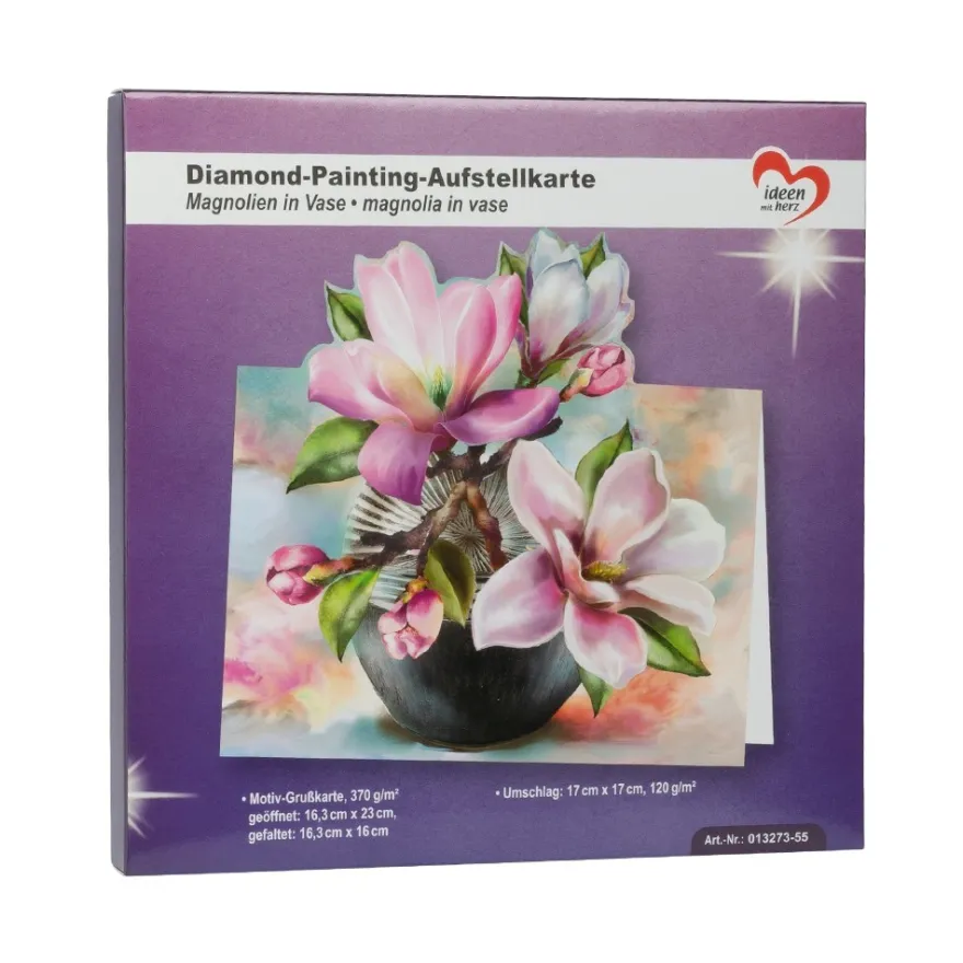 Diamond-Painting-Aufstellkarte, Magnolien in Vase, 16,3cm x 16cm, inkl. Zubehör