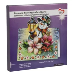 Diamond-Painting-Aufstellkarte, Schneemann mit Laterne, 16,3cm x 16cm, inkl. Umschlag & Werkzeug