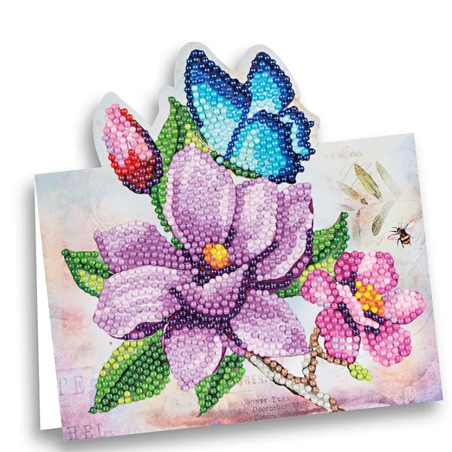 Diamond-Painting-Aufstellkarte, Magnolie mit blauem Schmetterling, 16,3cm x 16cm, inkl. Zubehör