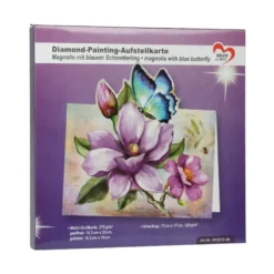 Diamond-Painting-Aufstellkarte, Magnolie mit blauem Schmetterling, 16,3cm x 16cm, inkl. Zubehör
