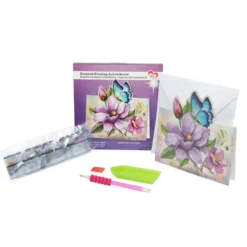 Diamond-Painting-Aufstellkarte, Magnolie mit blauem Schmetterling, 16,3cm x 16cm, inkl. Zubehör