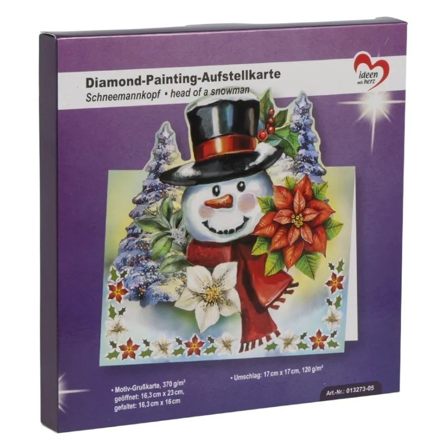 Diamond-Painting-Aufstellkarte, Schneemannkopf, 16,3cm x 16cm, inkl. Umschlag & Werkzeug